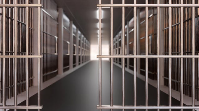 Prison corridor, jail cell and open metal bars door, empty dark facility interior, 3d render 