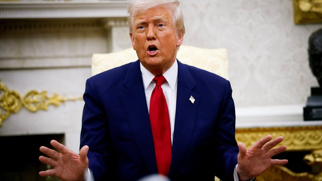 President Trump speaks during a meeting with Israeli Prime Minister Benjamin Netanyahu in the Oval Office of the White House on April 7, 2025 in Washington, DC. 
