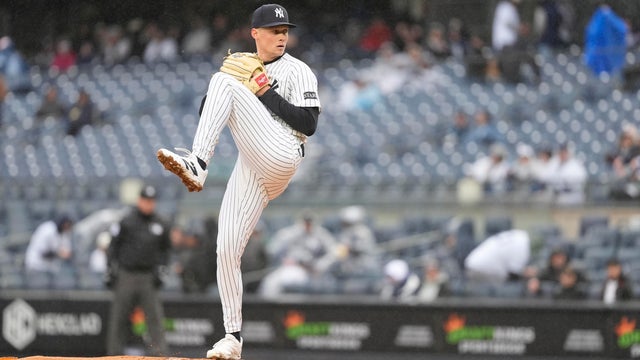 New York Yankees Pitcher Will Warren (98) delivers a pitch during the first inning of the Major League Baseball game between the San Francisco Giants and the New York Yankees on April 12, 2025, at Yankee Stadium in the Bronx, NY. 